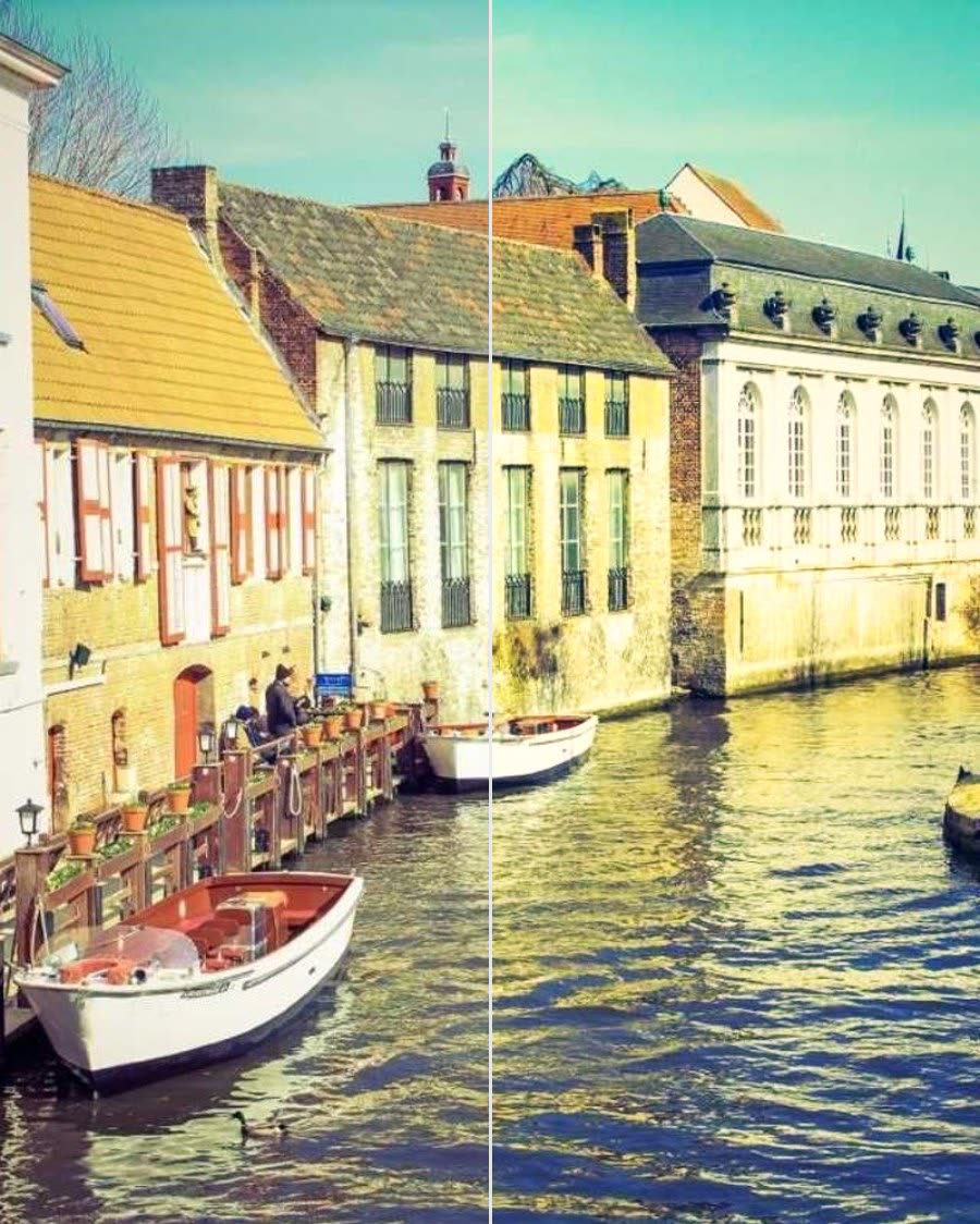 Canal com casas: metade original, metade com o filtro Teal e laranja